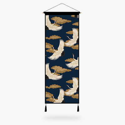 This Japanese crane print is a canva canvas with a wooden kakemono stand. Japanese cranes are drawn on the canvas fabric.