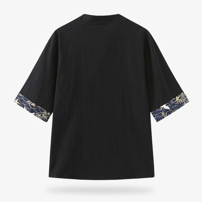 The black zen outfit is a japanese cranes shirt embroided on short sleeves extremities