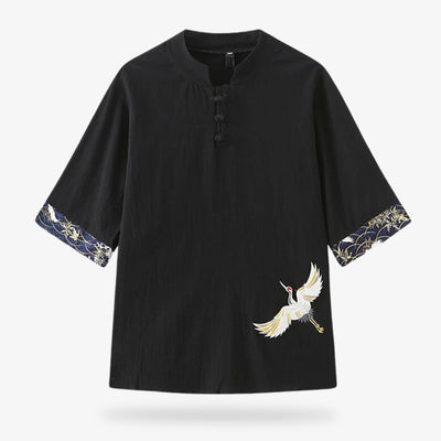 This traditional outfit is a Japanese cranes shirt made with high quality cotton and linen. Black color and white Japanese birds (tsuru) embroidered