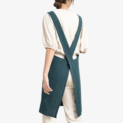 Japanese cross back linen apron made of soft, breathable fabric, combining practicality with a classic Japanese design.