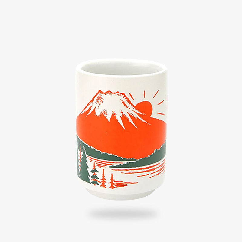 This Japanese cup of tea showcases a stunning Mount Fuji design, perfect for enjoying tea with a touch of cultural and natural beauty