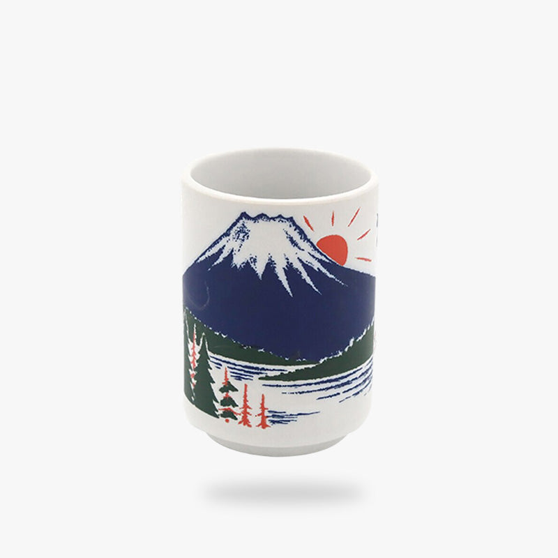 The Japanese cup features a beautiful design of Mount Fuji, capturing the iconic mountain's elegance and majesty in a traditional style