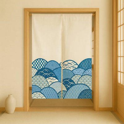 Decorative Japanese curtain noren with blue and beige traditional japanese wave pattern in a room with wooden frame and tatami flooring.