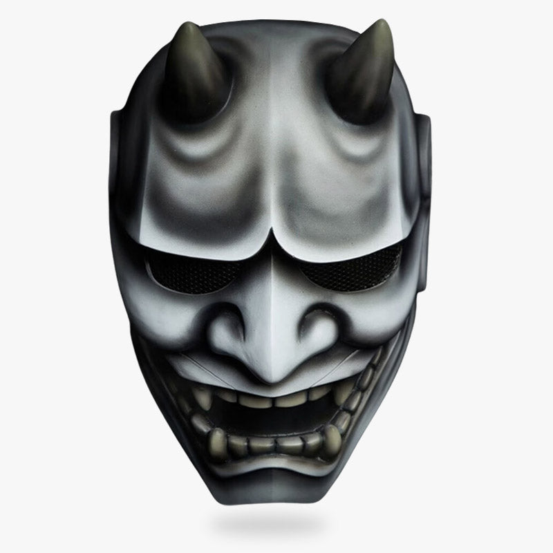 The japanese demon face mask is handcrafted. Grey color painting on fiberglass material. Japanede demon face mask made with horns, fangs and teeths