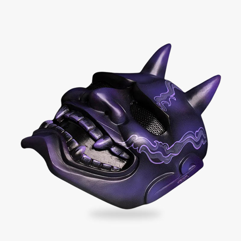 the japanese demon mask oni is handpainted with blue color