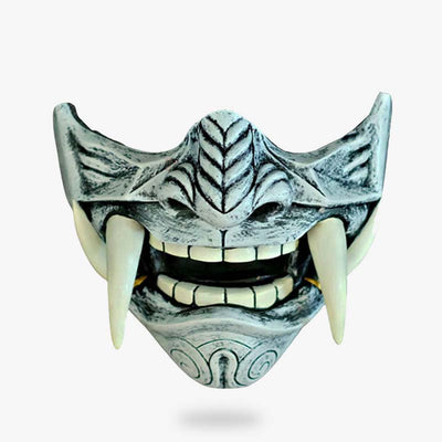 this japanese demon mask samurai is inspired by the Oni and the japanese warrior. The samurai mask is white colored with teeth for the half face demon