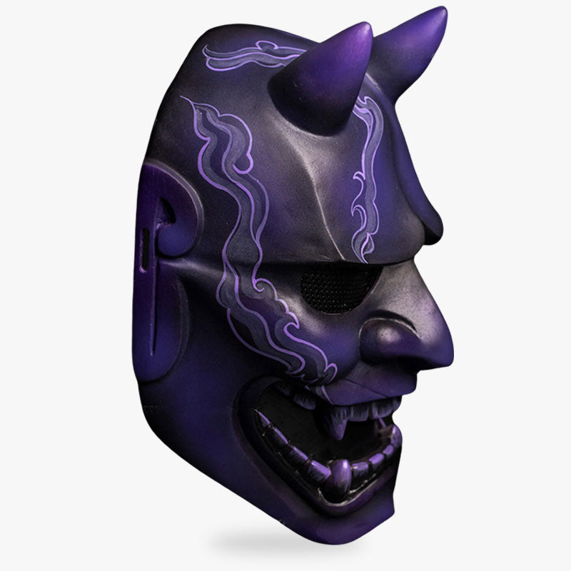 The japanese demon samurai mask is a japanese oni face with horns. Color of full samurai mask is blue