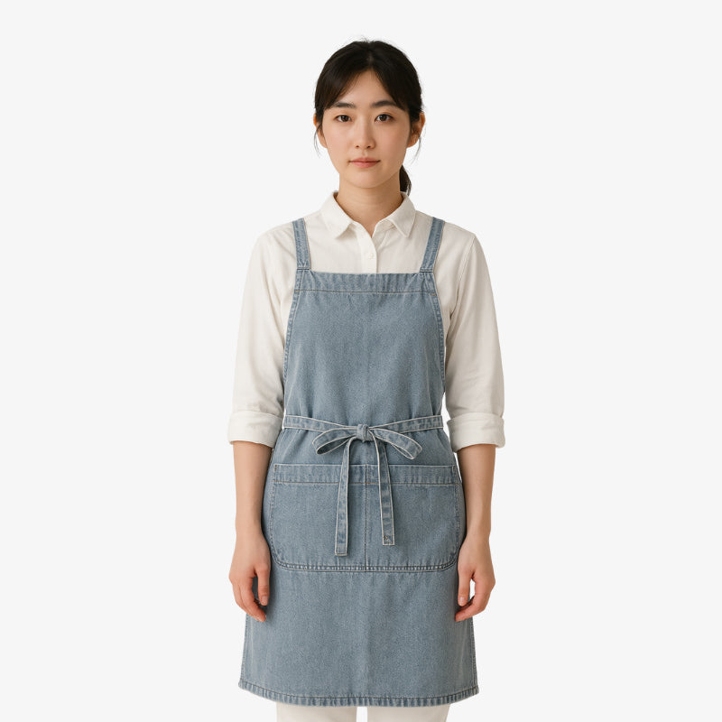 Japanese denim apron in blue with cross-back straps and a front pocket, made from durable cotton fabric, perfect for practical and stylish kitchen use.