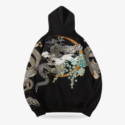 Black Japanese dragon hoodie with sakura floral embroidery on a white background