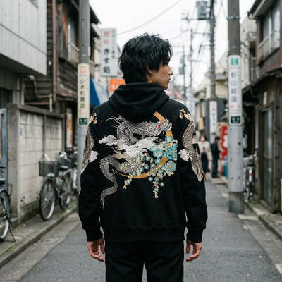 The back of the Japanese dragon sweatshirt: a silver dragon coiled around a gold ring with turquoise flowers