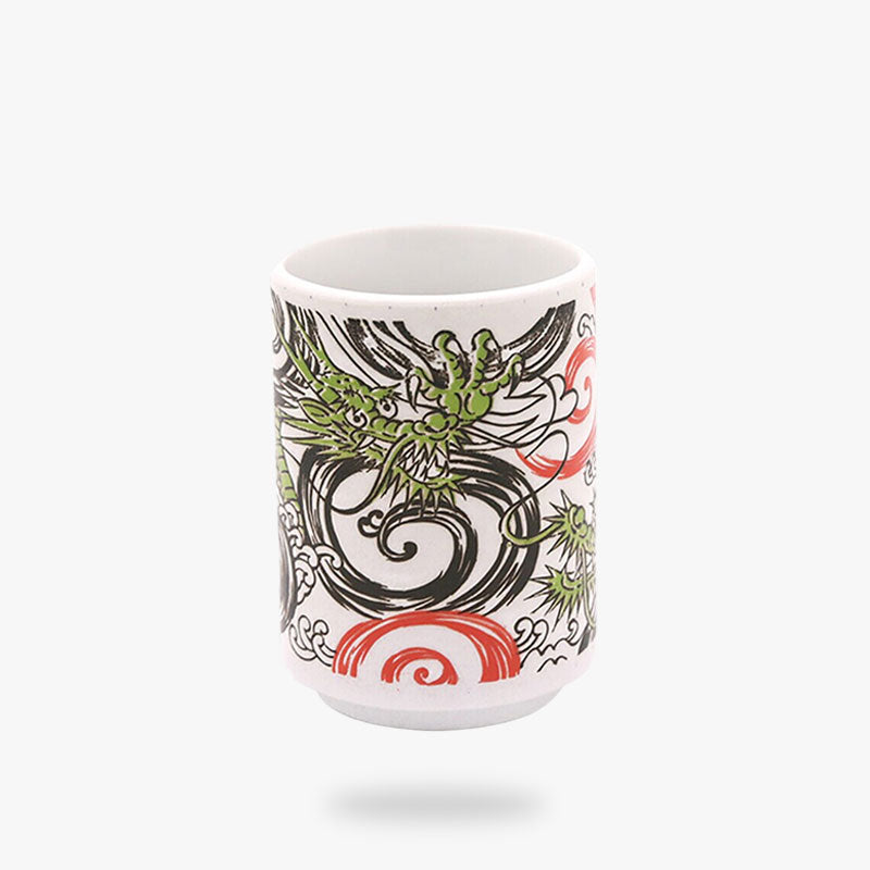 The Japanese dragon tea cups feature an intricate design of a Japanese dragon, embodying power and mythology in traditional Japanese art