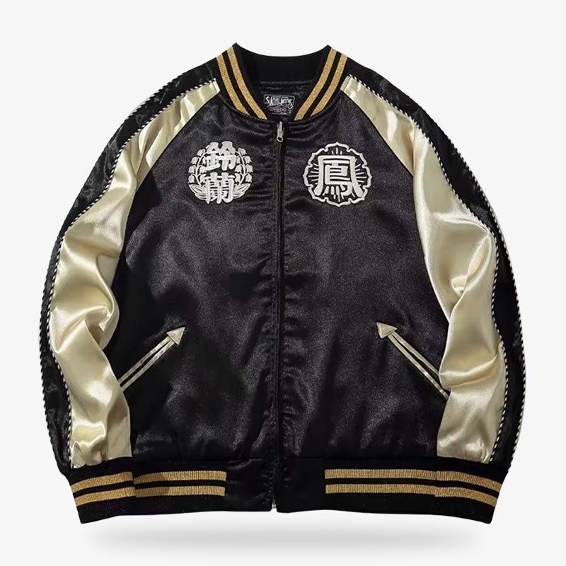 Japanese embroidered souvenir jacket with a striking depiction of two sumo wrestlers in ukiyo-e style, showcasing Japanese cultural heritage.