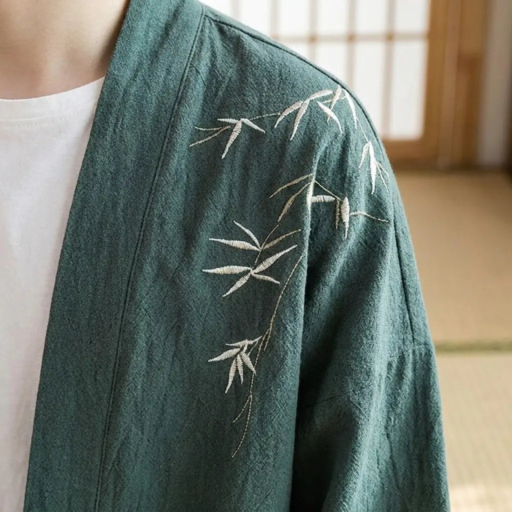 Close-up of the printed fabric and sleeve of a haori kimono cardigan