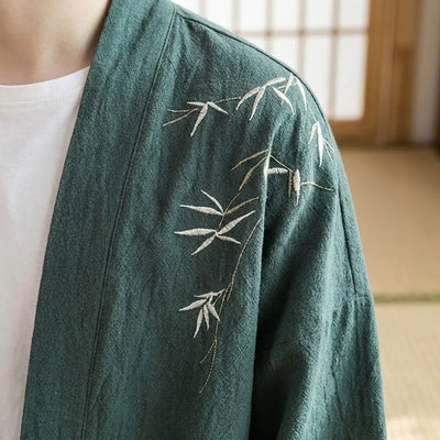 Close-up of the printed fabric and sleeve of a haori kimono cardigan