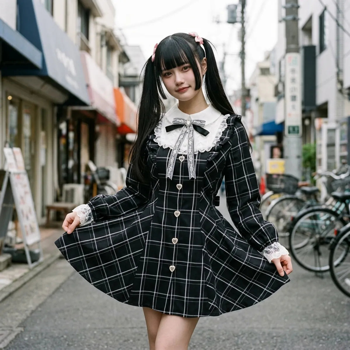Japanese fairy sweet dress worn in a Harajuku backstreet, white sailor collar over a black check print