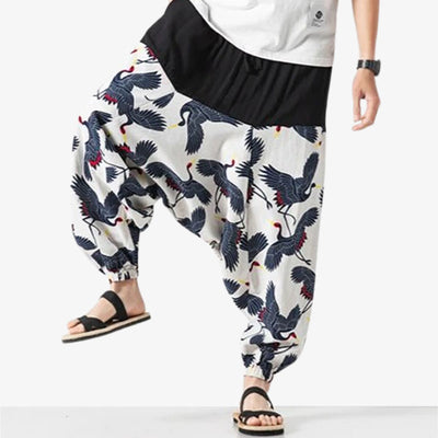 These japanese fashion wide pants men are a sarouel with Japanese Tsuru crane motifs.