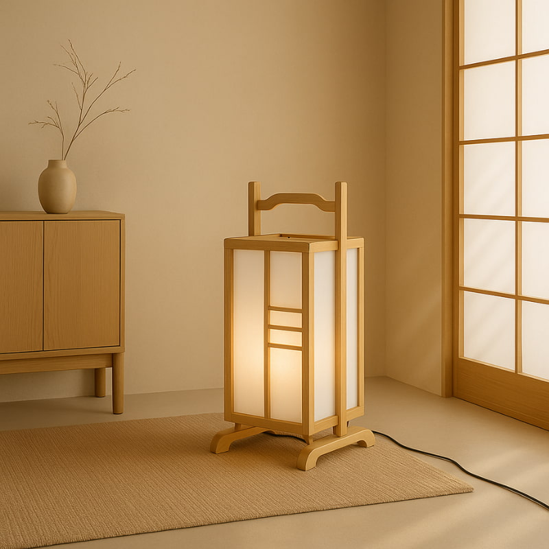 Wooden Japanese Floor Lamp with a white shade in a room with a wooden cabinet and a window.