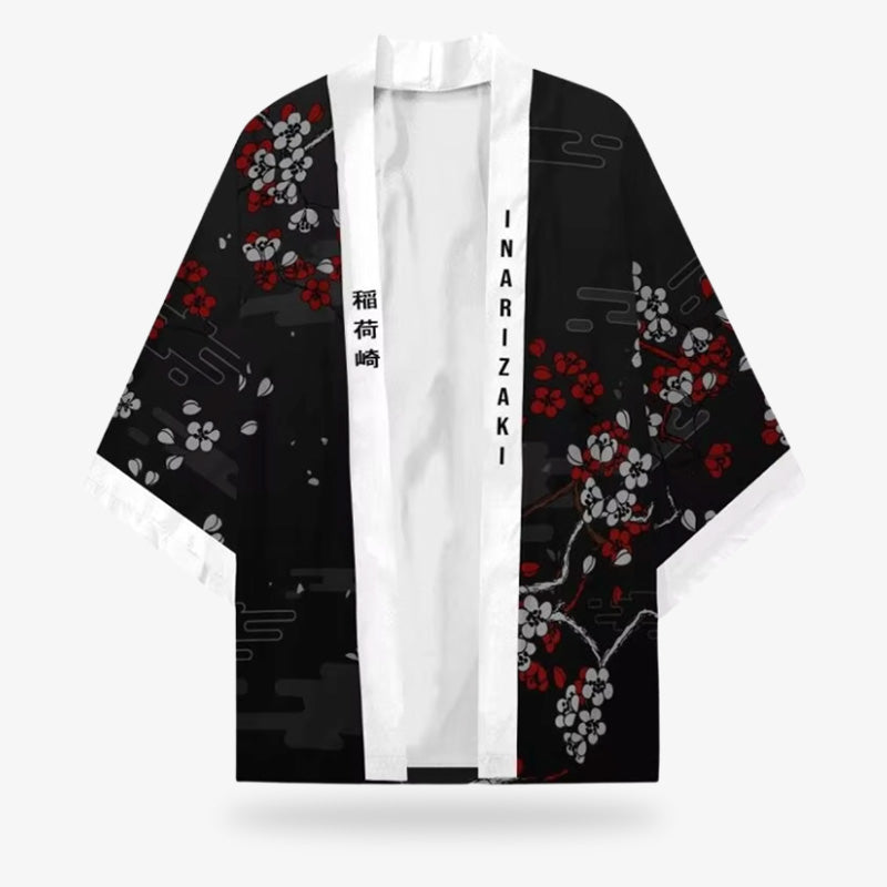 This haori jacket is a black Japanese fox kimono adorned with detailed kitsune designs, perfect for cultural celebrations or fashion statements. Sakura flowers patterns are printed on the quality polyester and cotton material