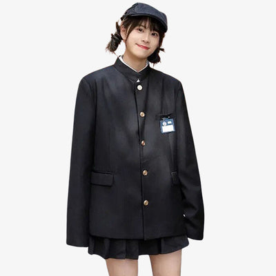 A girl is dressed with a black japanese gakuran jacket. Cotton material. She also wears a short black japanese skirt