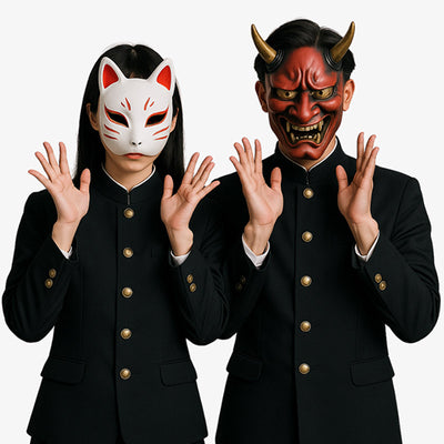 Two students people in black japanese gakuran outfits with oni masks on a white background