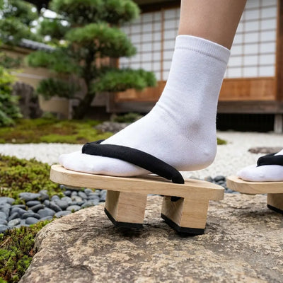 Top view of natural wood Japanese Geta Sandals showing teeth and black strap