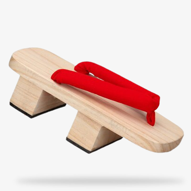 Traditional Japanese geta sandals, wooden soles with rubber grips and cloth straps, suitable for various traditional events.