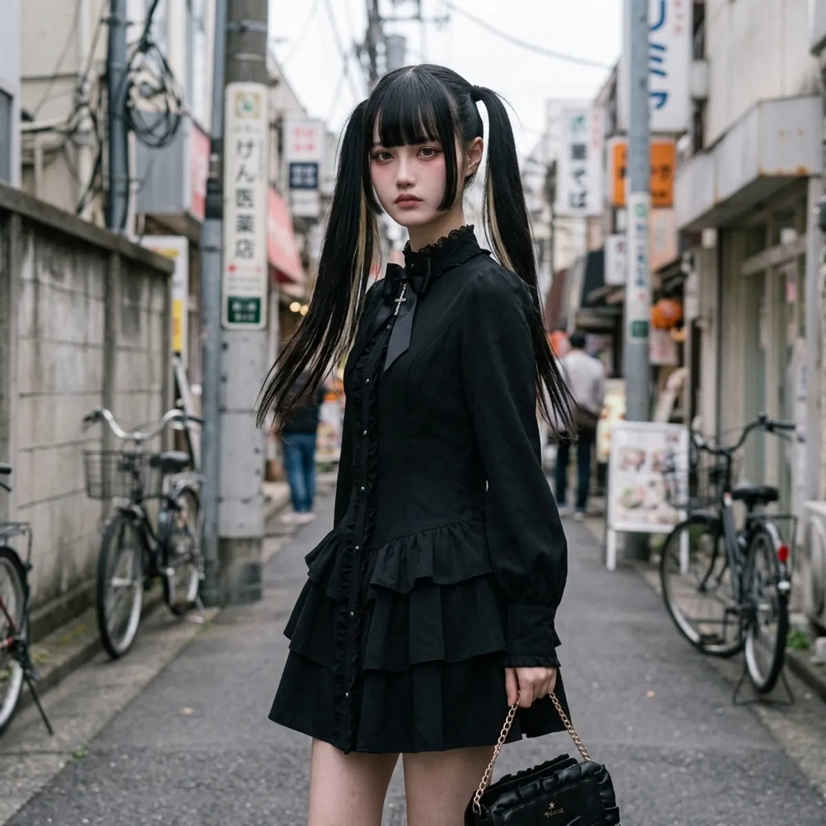 The gothic punk dress seen three quarters in Harajuku, the puffed sleeve and the two ruffled tiers visible