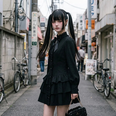 The gothic punk dress seen three quarters in Harajuku, the puffed sleeve and the two ruffled tiers visible