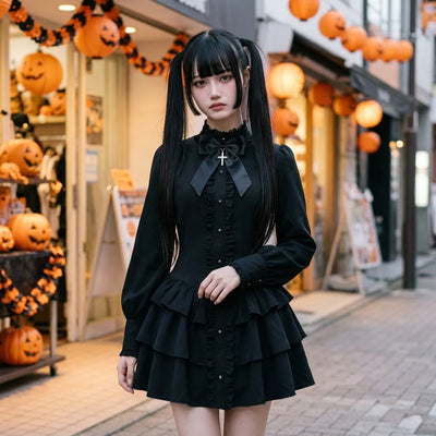 Japanese gothic punk dress worn on a Tokyo street at Halloween, carved pumpkins and orange lanterns behind