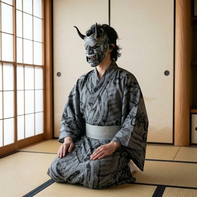 Japanese grey demon mask seen in three-quarter view, worn kneeling on tatami in a grey brush-print kimono