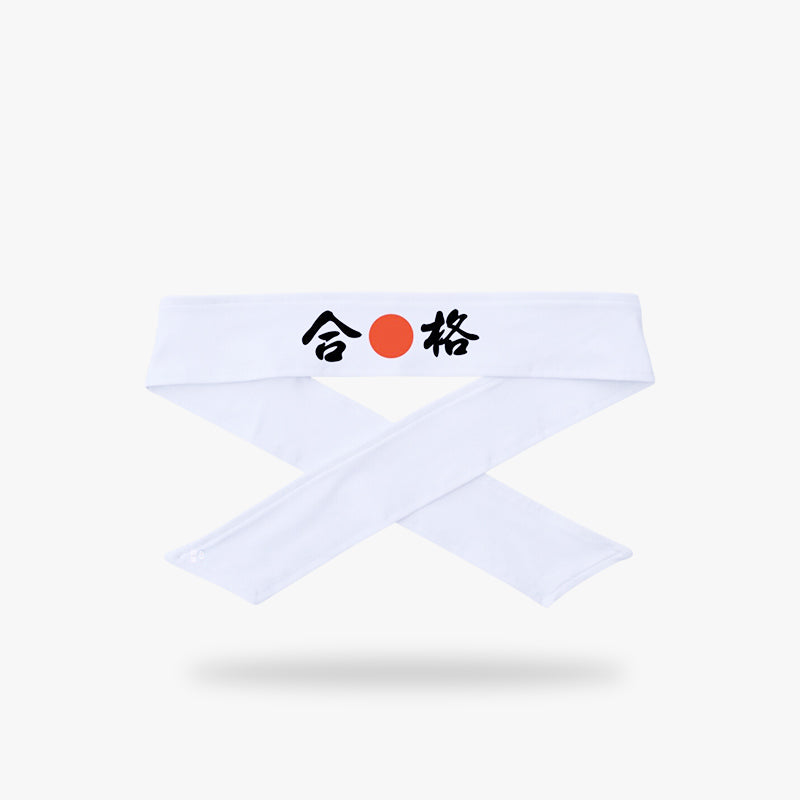 A white Japanese Hachimaki with black kanji and a red disc symbolizing the land of the rising sun. Embrace the spirit of determination with the Japanese headband, perfect for martial arts, festivals, and intense study sessions