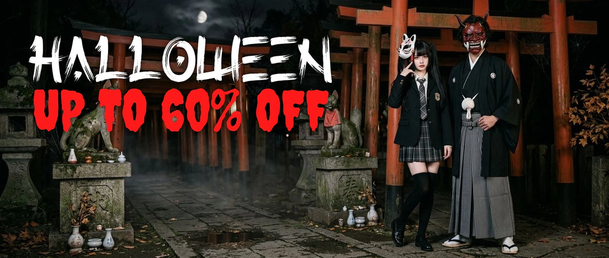 Japanese Halloween costume: a woman in a black school uniform with a fox mask and a man in a black kimono with a red oni mask at an Inari shrine at night