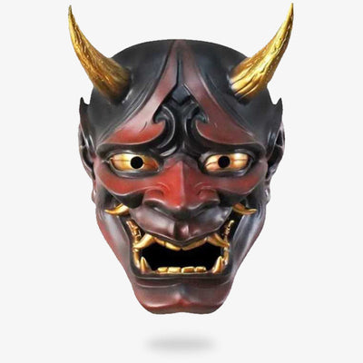 This Japanese Hannya mask is an Oni demon face. This Japanese mask is red with golden horns and teeth.