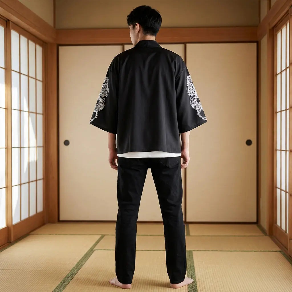 Back view of a dragon haori in a washitsu room, showing the full back design