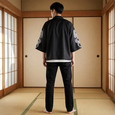 Back view of a dragon haori in a washitsu room, showing the full back design