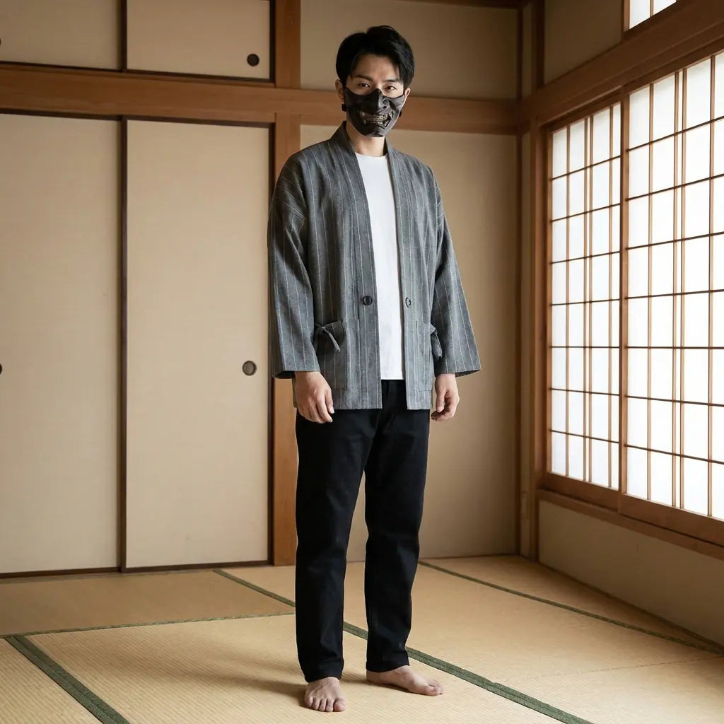 Man wearing a male haori jacket in a traditional Japanese washitsu room, front view