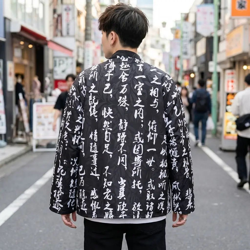 Back view of a japanese haori jacket worn in a Harajuku street, showing the full print