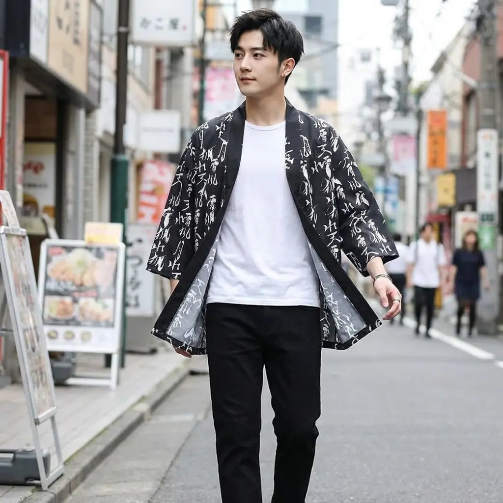 Man wearing a japanese haori jacket in a Harajuku street in Tokyo, front view