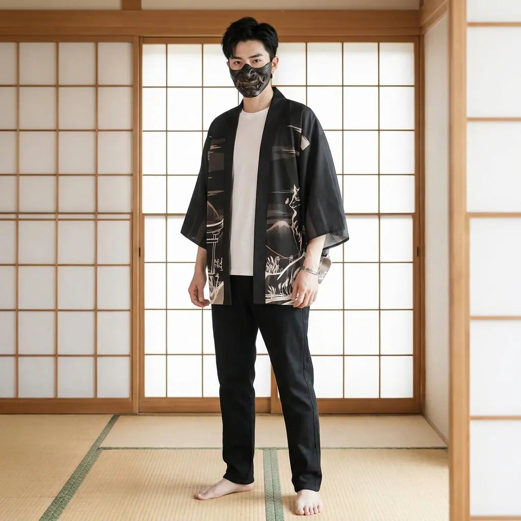 Man wearing a kitsune haori in a traditional Japanese washitsu room, front view