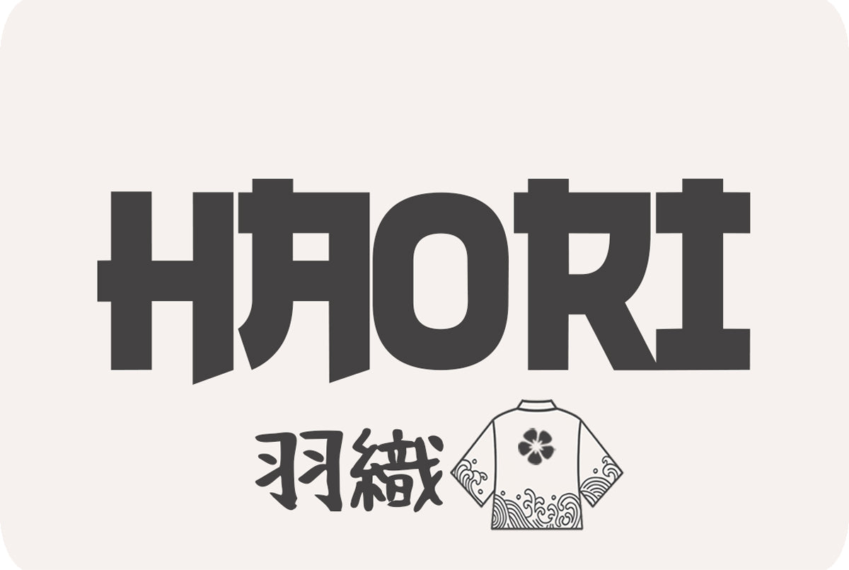 Black text 'HAORI' with a traditional Japanese haori kimono jacket garment design on a white background