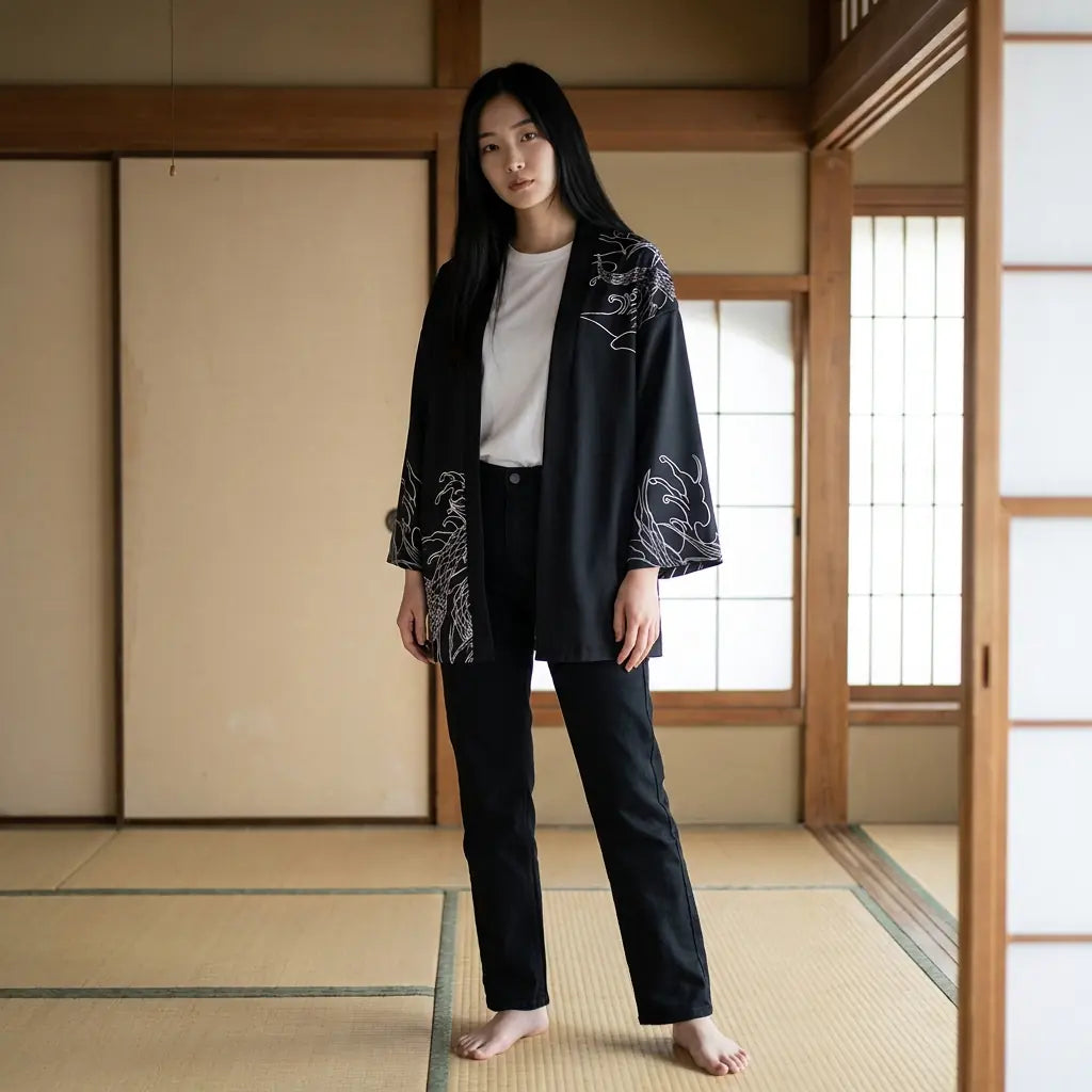 Woman wearing a japanese haori kimono in a washitsu room with tatami and shoji screens
