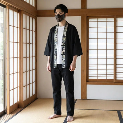 Man wearing a japanese kimono haori in a traditional Japanese washitsu room, front view