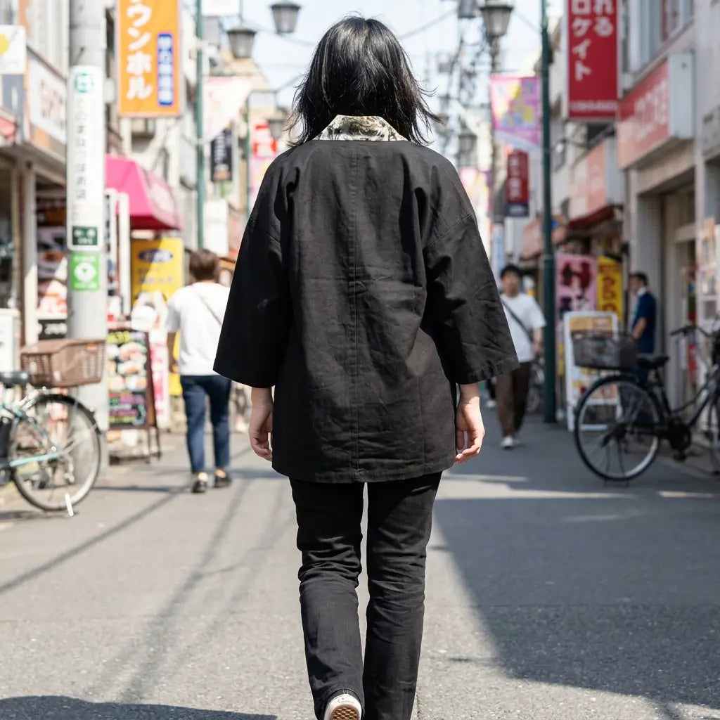 Woman seen from behind wearing a japanese kimono haori in a Harajuku street
