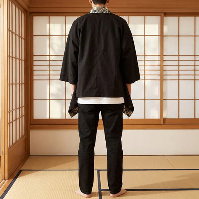 Back view of a japanese kimono haori in a washitsu room, showing the full back design