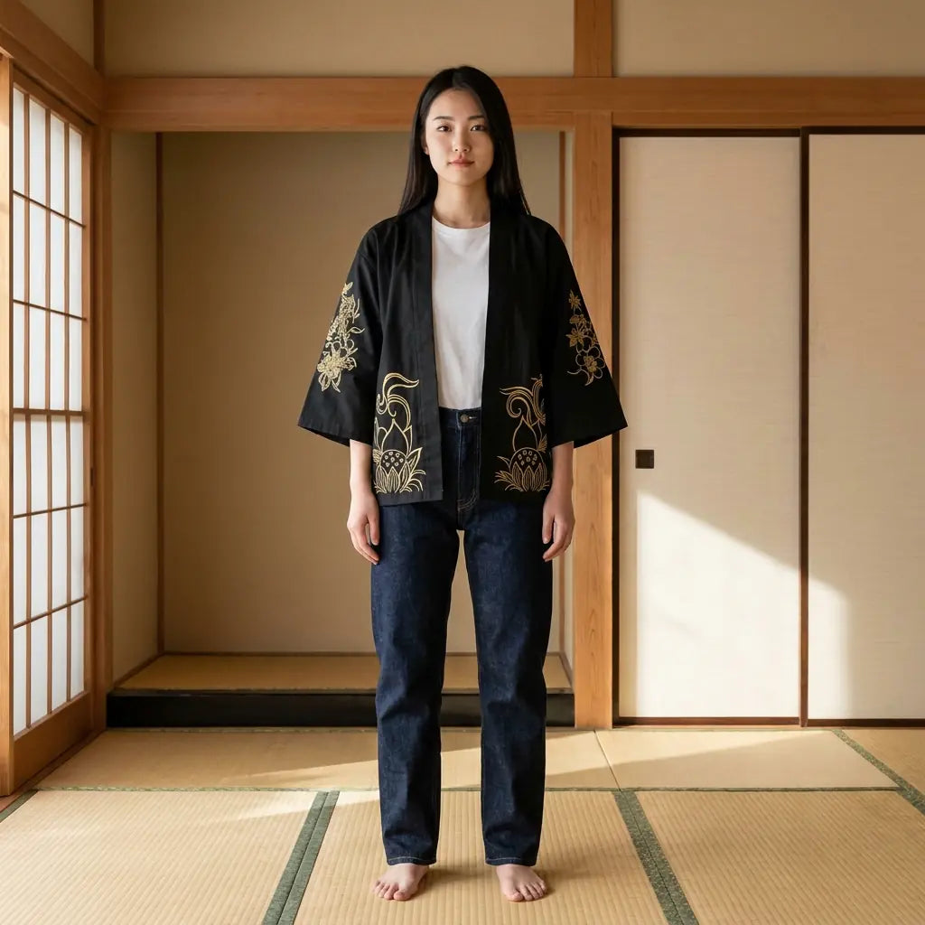 Woman wearing a haori pattern in a washitsu room with tatami and shoji screens