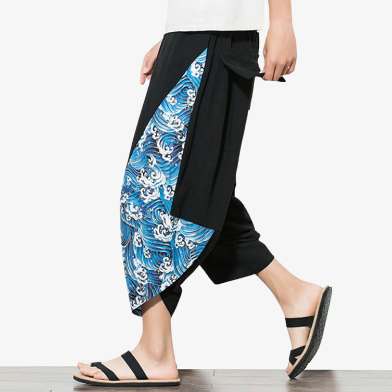 this cropped pants is a Japanese harem pants pattern with traditional blue wave showcasing traditional wide-leg design, perfect for sewing authentic loose-fitting pants inspired by Japanese and hill tribe styles.