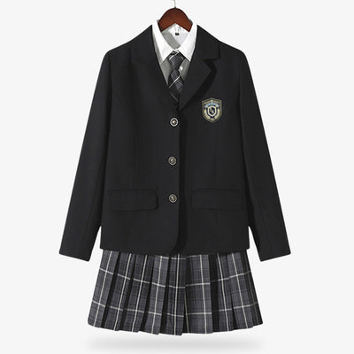a japanese high school uniform costume cosplay with a plaid skirt, a blazer, a white shirt and a plaid tie