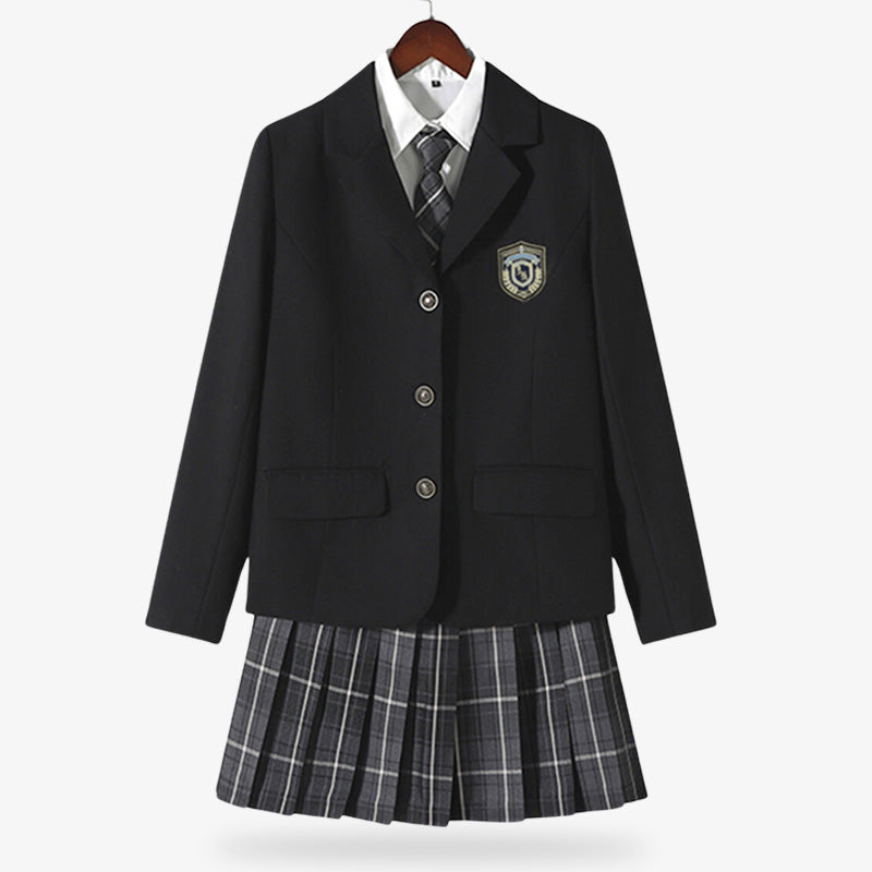 a japanese high school uniform costume cosplay with a plaid skirt, a blazer, a white shirt and a plaid tie