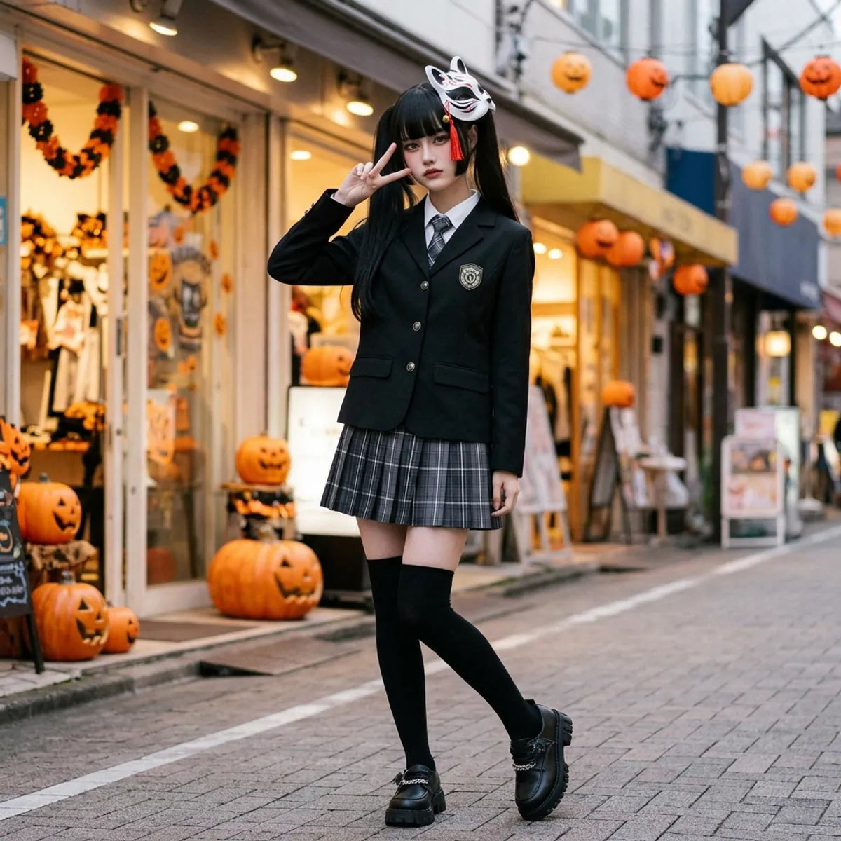 Japanese high school uniform worn on a Tokyo street at Halloween with a cat mask on the side of the head