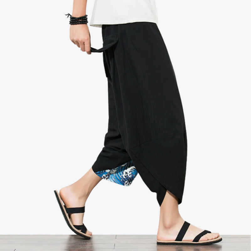 this cropped pant is a Japanese hill tribe harem pants sewing pattern featuring wide legs and traditional motifs for DIY fashion.